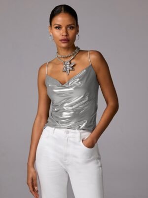 Metallic Cowl Neck Cami Silver